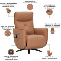 Poltrona de Massagem Reclinável Elétrica com Aquecimento couro caramelo