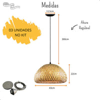 Kit 3 Lustres Luminárias Teto Pendentes Palha Composição Bambu Fibra Natural